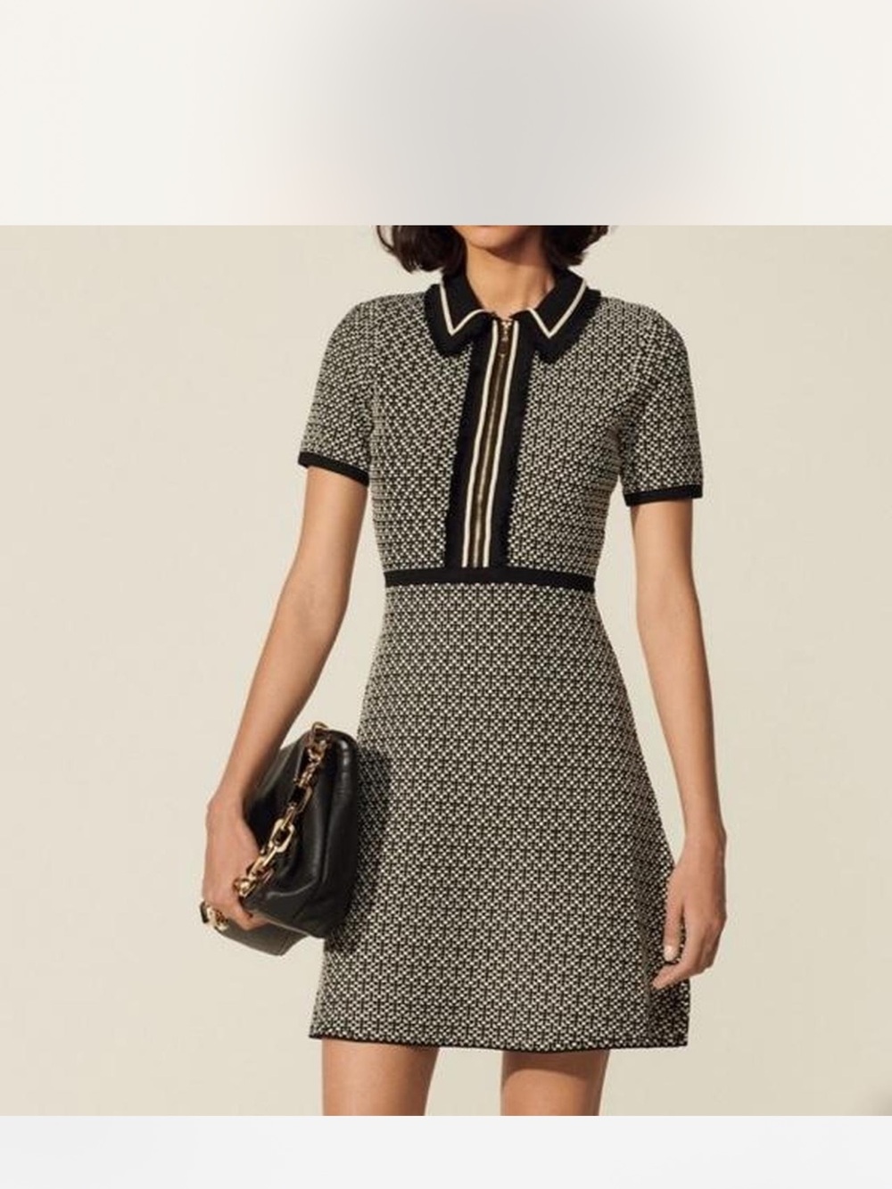 Sandro Black & White Knit Polo Dress with Contrast Trim